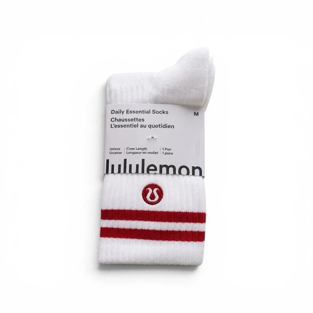 Lululemon White Red Stripe Daily Essential Crew Socks Unisex Medium NWT
